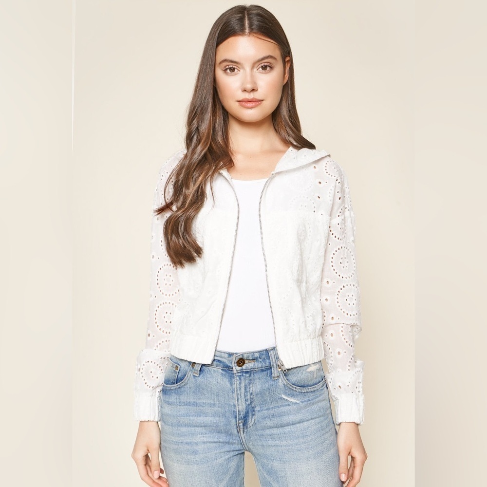 Sugar lips White eyelet Embroidered Women's zipper hooded Jacket